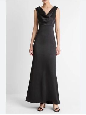 Black Satin Cowl Neck Evening Gown
